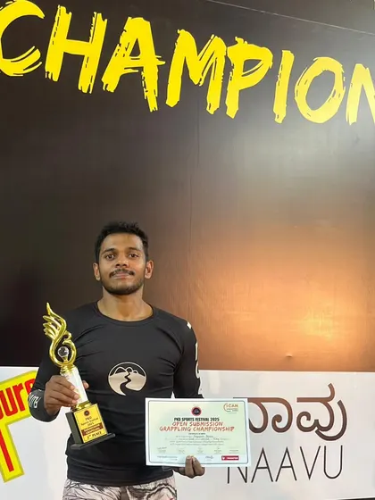With my Silver Medal and trophy at the Open Submission Grappling Championship 2025 in Mysore. I learned a lot from this tournament and am ready for the next challenge.
