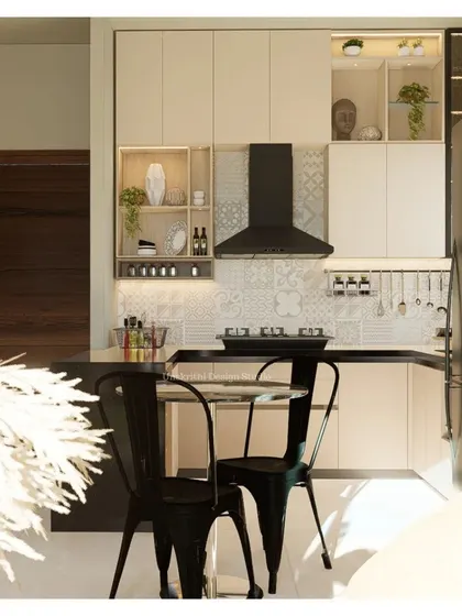 This compact kitchen is a great example of 'Yutori', a Japanese design concept emphasizing simplicity and spaciousness. The light color palette, patterned backsplash, and open shelves create a charming and uncluttered environment, perfect for a small home or rental.