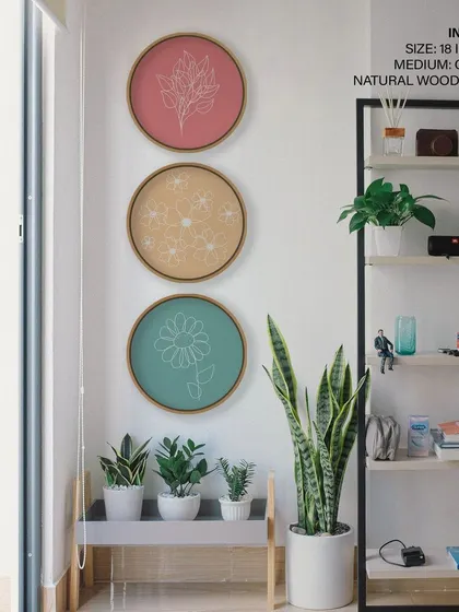A charming set of three circular prints with delicate botanical outlines in white on pastel backgrounds. The simple line drawings of flowers and leaves add a whimsical and minimalist touch to the space.