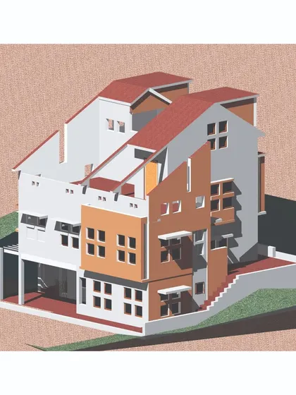 An identical 3D model view, providing a clear visualization of the split-level design and sloped roof.