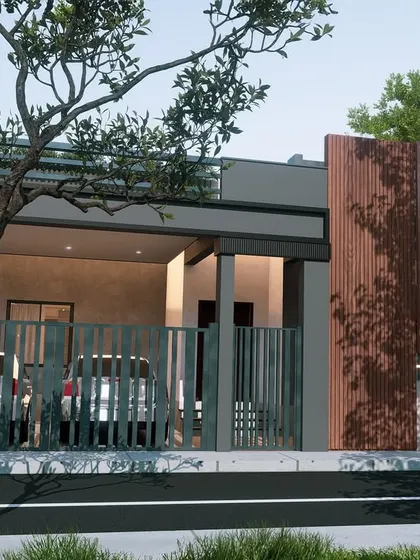 This design showcases a single-story modern home with a focus on comfort and simplicity. The exterior features a combination of wood paneling and vertical slats, a covered carport, and a sleek gate design.
