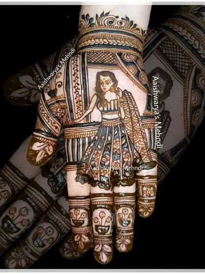 A detailed bridal figure design, perfect for a bride who wants her mehndi to tell a story.