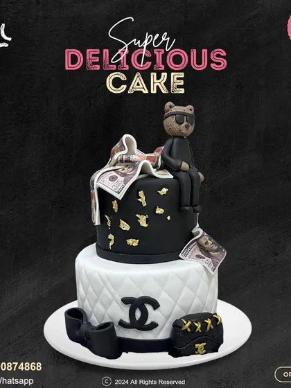 A luxurious two-tier cake for the fashion-forward. The bottom tier features a Chanel-inspired quilted pattern, while the top is decorated with edible money and a cool teddy bear in sunglasses.