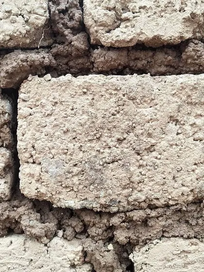 A close-up of an adobe mud brick wall during construction. The rough, honest texture of the sun-dried bricks and the mud mortar tells the story of a handmade, earth-built home.