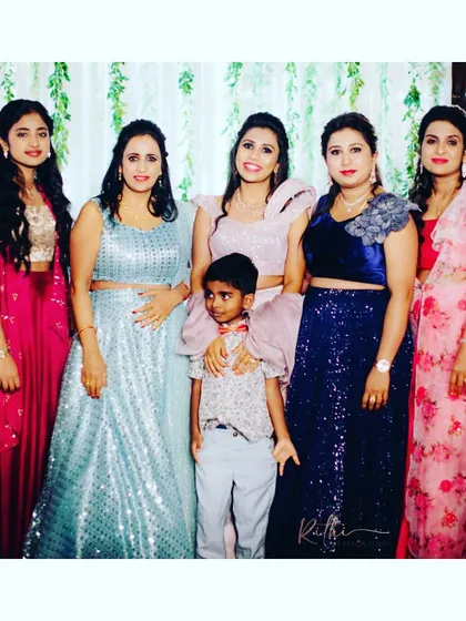 The full wedding party. It was a pleasure to design custom outfits for all these beautiful women, creating a vibrant and cohesive look for the sangeet.