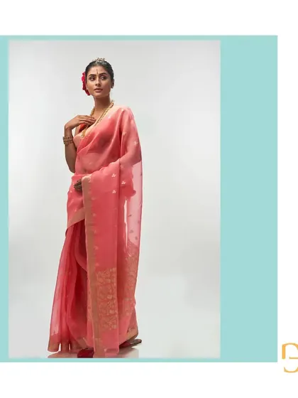 A full-length view of the salmon organza saree, perfect for daytime celebrations and festive events where elegance is key.