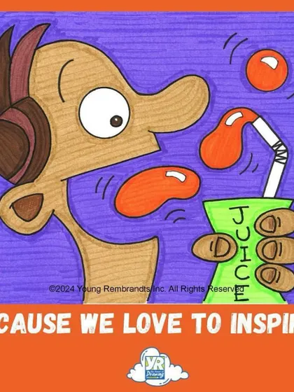We love to inspire. This cartoon of a character drinking juice is a fun, quirky example of the kind of imaginative drawings we encourage in our classes.
