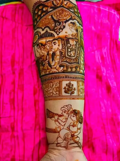 A close-up of an arm design featuring a shehnai and dhol player, capturing the musical spirit of a wedding.