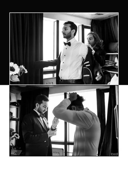 Black and white shots of the groom getting ready with his friends. These candid images capture the real, unposed moments of the wedding morning.