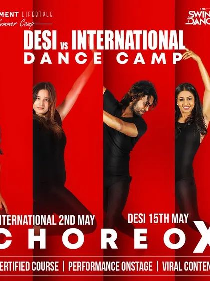 The Choreo X camp is your chance to train intensively in either Desi or International styles. This poster highlights our certified course which includes a performance and content creation opportunities.