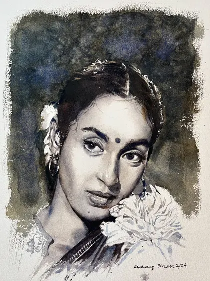 A monochrome portrait of the actress Nutan, used as an example for my complete watercolor course. Her classic beauty is perfect for teaching students about facial structure and values.