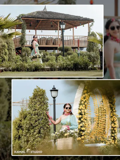 A collage showing the bride posing in the beautiful garden venue of her Haldi ceremony.