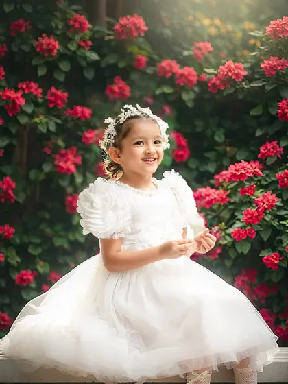A princess in her garden. This beautiful girl in a simple white dress looks absolutely angelic against a wall of red flowers.