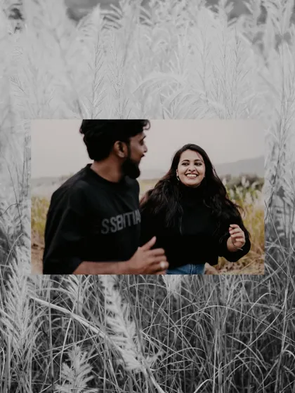 An artistic collage that frames a moment of laughter within the texture of the surrounding field. This creative edit adds a unique, memorable touch to a candid shot.