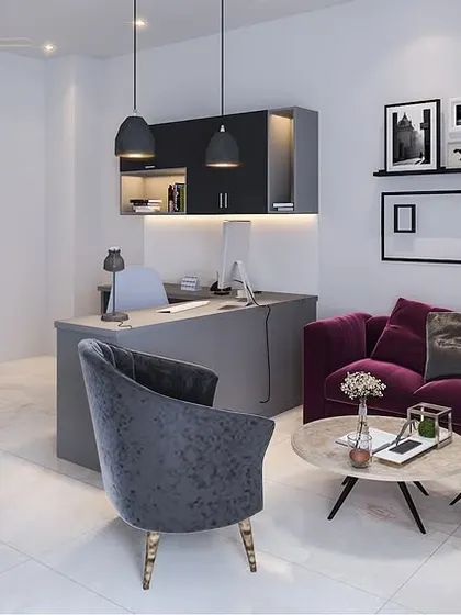A 3D render of a creative workspace. The clean white and grey tones create a calm and inspiring setting for productivity.