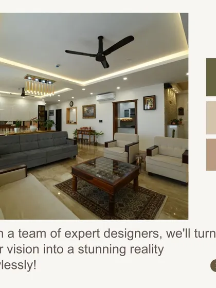 With our team of expert designers, we turn your vision into a stunning reality. This graphic showcases a spacious and elegant living room.