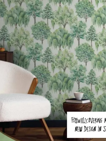 Here is the light-colored forest mural in a cozy living room setting, creating a peaceful and serene backdrop.