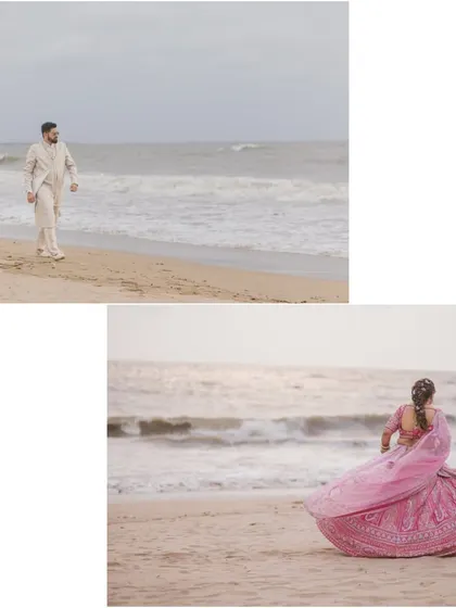 A diptych showing the bride and groom separately on a Goa beach, looking out at the ocean, creating a sense of anticipation before they meet.