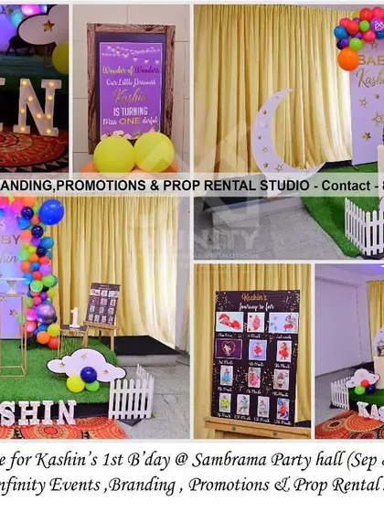 A "Twinkle Twinkle Little Star" theme for a first birthday at Sambrama Party Hall. This setup features a semi-arch and moon backdrop, a colorful balloon garland, and a custom milestone board, creating a dreamy and festive atmosphere.