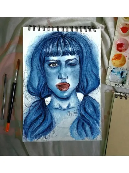 A fun, mixed-media piece combining pen and watercolor to create a playful winking portrait. I used a vibrant blue for the hair and skin, with a pop of red on the lips to make the expression stand out.