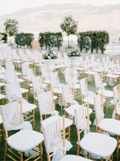 The elegant guest seating for the rooftop Haldi, with white and gold chairs creating a clean, classic look against the green lawn.