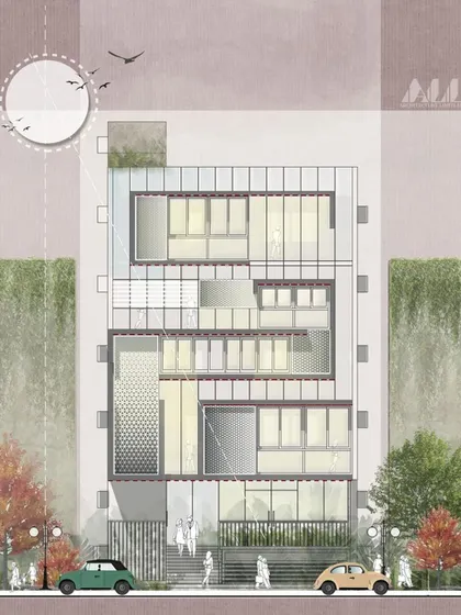 A duplicate of our primary conceptual elevation for the SCC commercial complex, reinforcing the core design idea of a facade with a changing, dynamic identity through the use of different materials.
