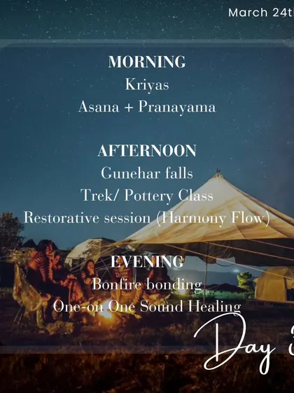 The schedule for Day 3 of a retreat, including a trek to a waterfall, a pottery class, and a restorative harmony flow.