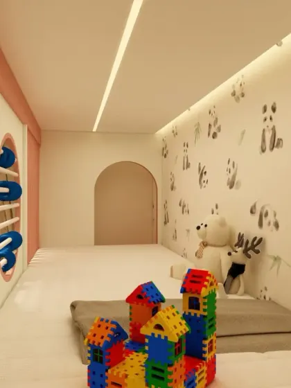 The upper level of the bunk bed is designed as a cozy play den with panda-themed wallpaper and soft carpeting.