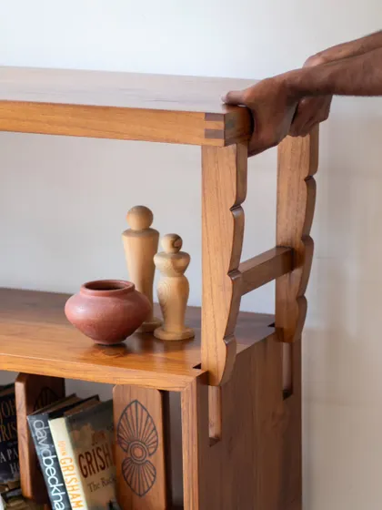 A detailed look at the Mysore Inlay Collection. These images highlight the functional aspects, such as the detachable bench on the bookshelf and the removable tray on the center table, alongside the exquisite craftsmanship.