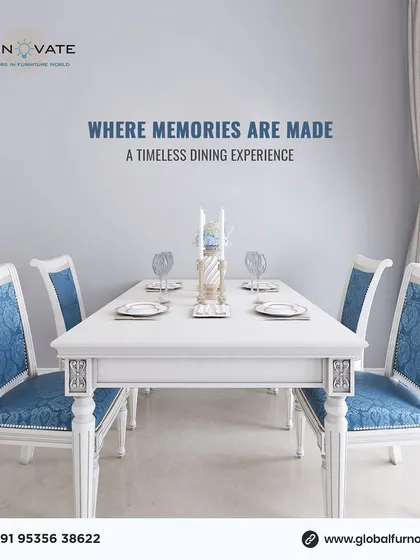 An elegant dining set with white and blue upholstered chairs, creating a timeless and memorable dining experience.