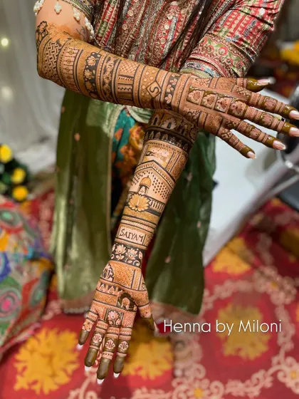 A full view of a bridal mehendi, including the bride's name 'Satyam' incorporated into the design.