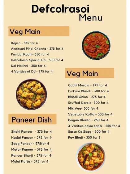 A section of our vegetarian menu, showing the variety of paneer dishes, vegetable curries, and dals we offer, with prices for a serving for four people.