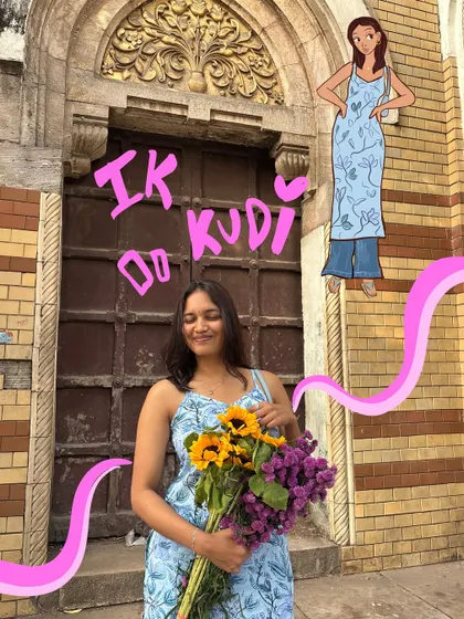 An 'Ik Kudi' inspired piece, capturing that girl-next-door vibe with a hand-drawn cartoon version of my outfit next to the original photo.