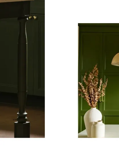 The turned wood leg of the kitchen island is a small, crafted detail that adds a bespoke feel to the space.