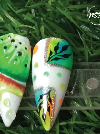 A collection of various nail art samples, from celestial and gold-leaf designs to embossed sweater patterns and fruit art, all showcasing the diverse skills our students learn at the academy.