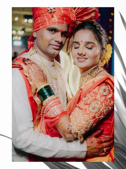 An intimate embrace between Purva and Dharma, capturing the soft emotions and intricate details of their wedding outfits.