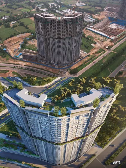 A comparison of the render and the construction progress of Reva, a 35-storey residential high-rise in GIFT City. Seeing the structure rise and take its intended form is a rewarding part of the architectural process.