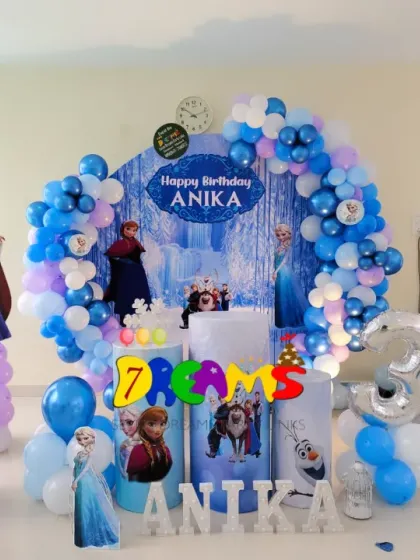 A Frozen themed birthday party perfect for any fan of Elsa and Anna. The setup includes a winter castle backdrop, character cutouts, and a balloon arch in shades of blue, white, and purple.