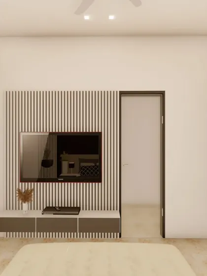 This 3D render shows a compact TV unit solution for a bedroom. The vertically striped back panel adds visual interest without overwhelming the space, providing a sleek and modern entertainment zone.