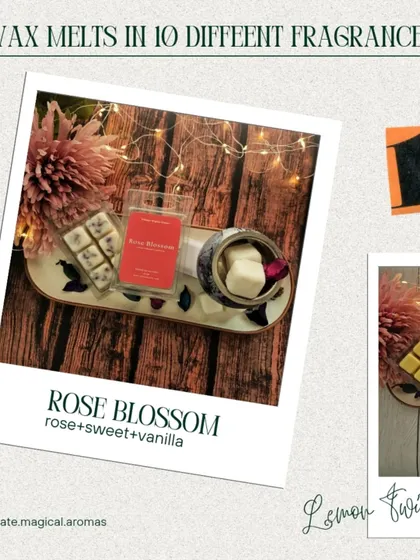 A polaroid-style graphic showcasing my 'Rose Blossom' and 'Lemon Twist' wax melts. These are two of my most popular floral and citrus scents.