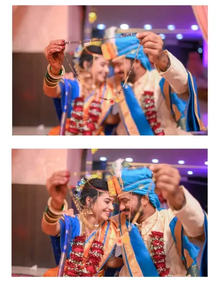Two beautiful shots of the couple holding up the 'mangalsutra' together, symbolizing their union.