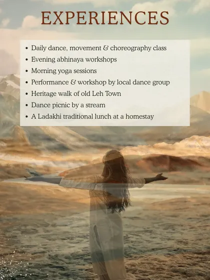 Here is a list of the unique experiences we offered during the Ladakh retreat. We combined daily dance and choreography classes with morning yoga, heritage walks, a traditional Ladakhi lunch at a homestay, and even a dance picnic by a stream.