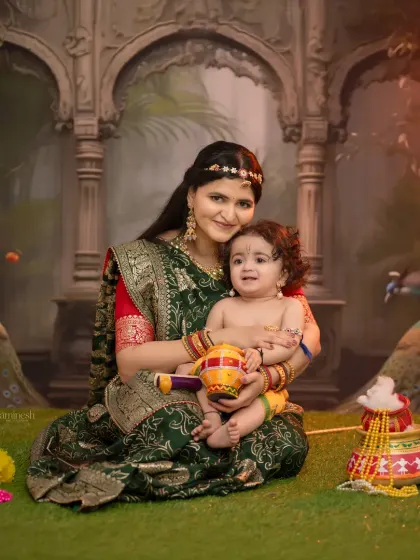 A heartwarming mother and baby portrait from my Janmashtami series. The mother, in a beautiful green saree, holds her little Krishna, creating a memory of love and devotion.