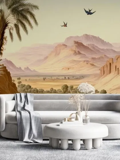 This stunning mural depicts a vast desert landscape with soft, warm tones. It creates a sense of peace and openness, perfect for a lounge or office space designed for calm and focus.