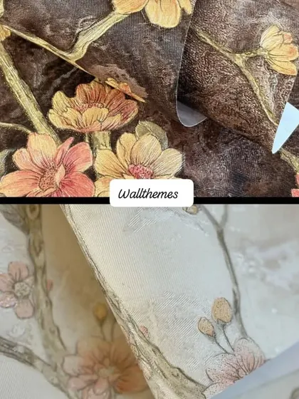 Close-up details of two floral wallpapers, one in a warm brown and orange and one in a soft pink and beige.