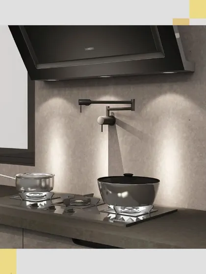 A close-up of the hob and pot-filler, essential tools for any passionate cook, are integrated here with style and precision.