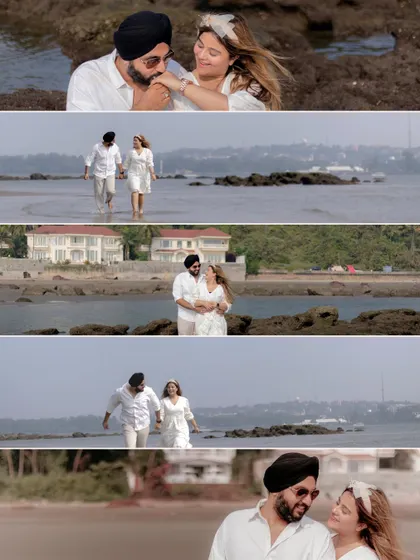 A cinematic collage of the couple walking along the Goan shoreline. The wide shots and their relaxed interaction create a feeling of endless love against the vast ocean.