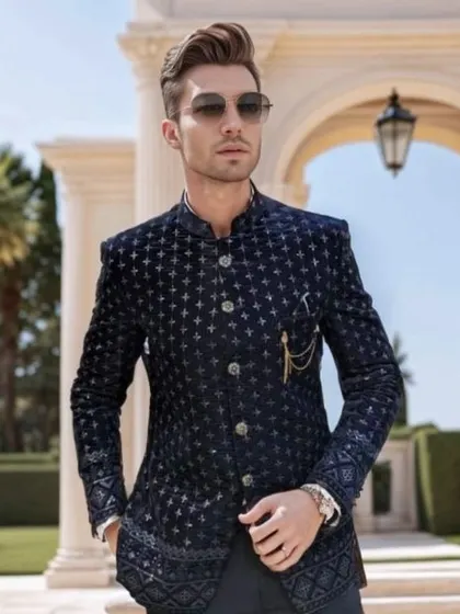Look like royalty in one of my Jodhpuri sets. This navy blue velvet bandhgala with intricate silver embroidery is a sophisticated choice for a wedding or formal celebration.