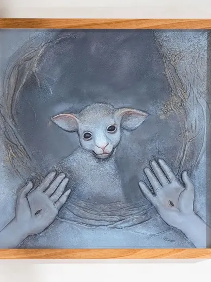 The final, framed version of 'The Lost Sheep'. Framing completes the artwork, turning it into a finished piece ready to be displayed as a focal point in a room.