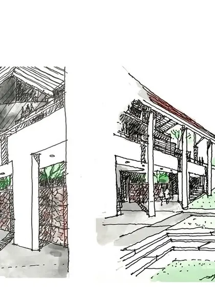 Concept sketches of the covered walkways and verandas at Vellore International School, which feature traditional sloping roofs and connect indoor and outdoor spaces.